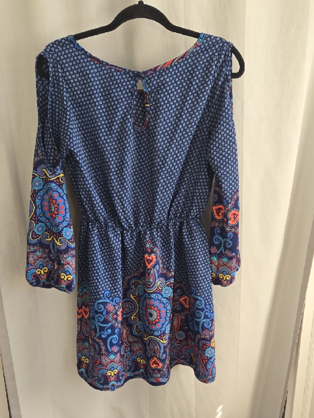 " Unknown Brand" Navy Paisley-Trim Cold-Shoulder Mini Dress - Picture 7 of 9